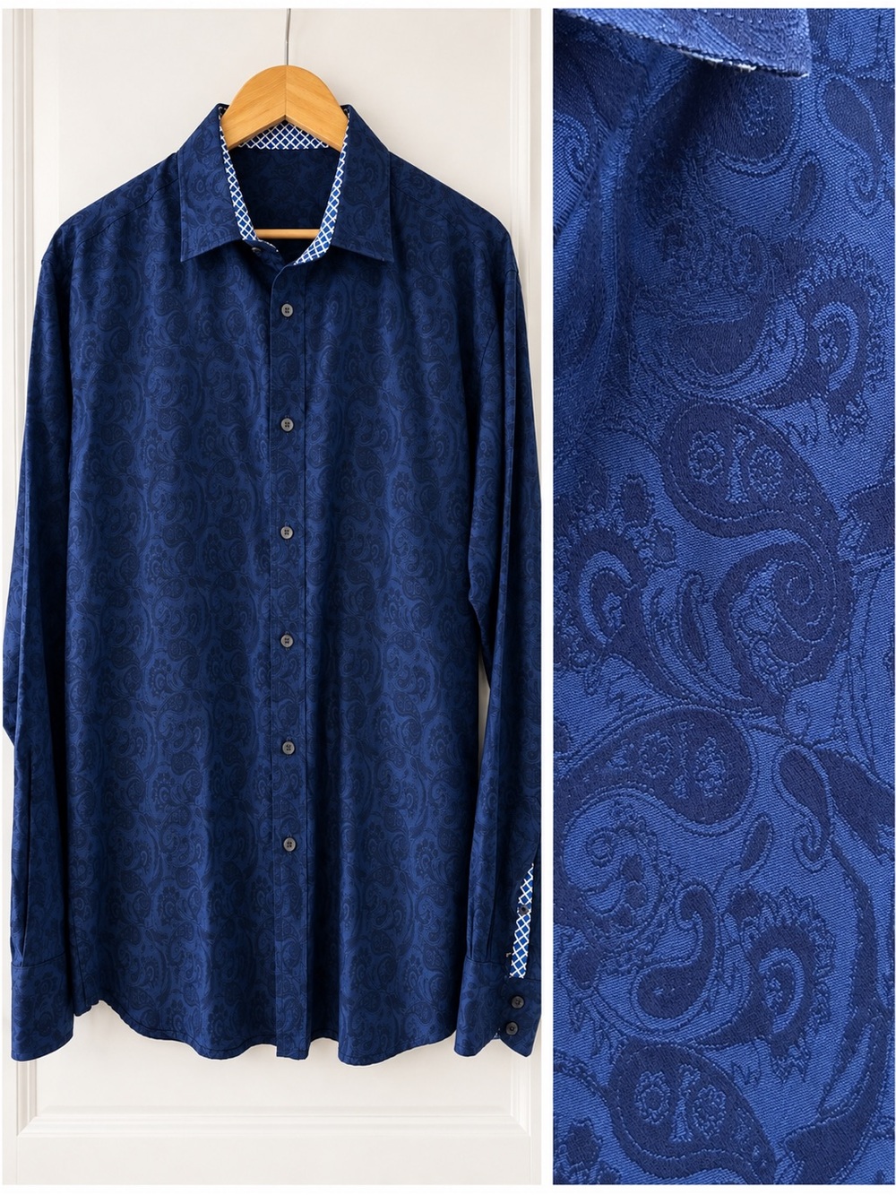 Quieti Men’s Blue Paisley Long Sleeve Button-Down Shirt 100% Cotton